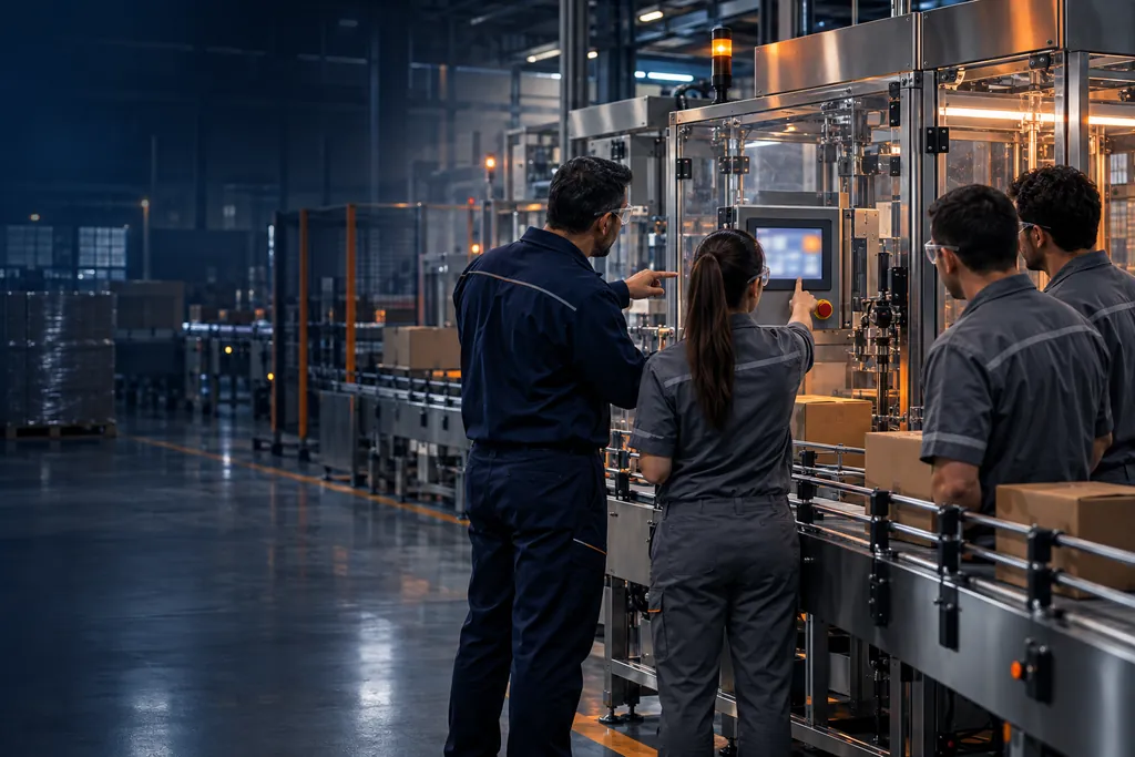 Instrutor explicando o funcionamento de uma máquina industrial para um grupo de operadores
