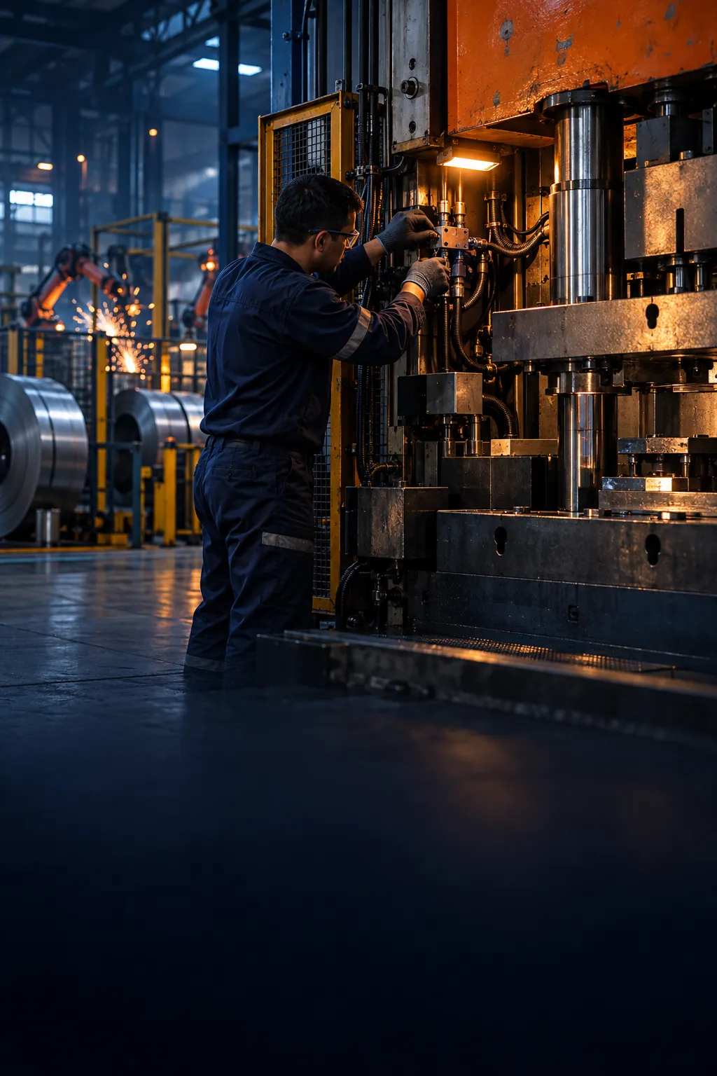 Técnico ajustando um sensor em uma prensa industrial